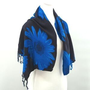 Koko Knot 90's Vintage Blue Black Floral Fringe Shawl Scarf